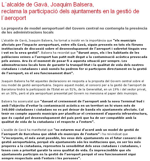 Noticia publicada en la web del Ayuntamiento de Gavà donde el alcalde de Gavà solicita la participación del Ayuntamiento de Gavà en el futuro consorcio que gestionará el aeropuerto del Prat (5 de Agosto de 2008)